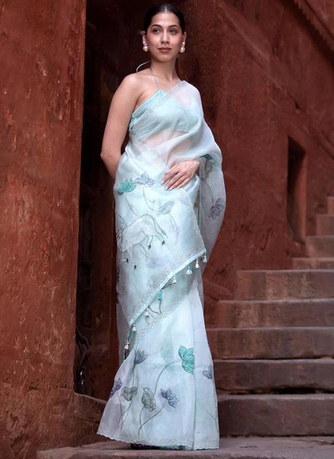 Organza Sky Blue Party Wear Printed Saree